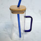 Glass tumbler with bamboo lid, glass straw and handle