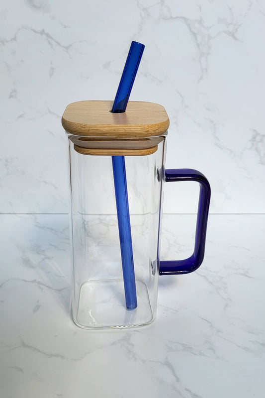 Glass tumbler with bamboo lid, glass straw and handle