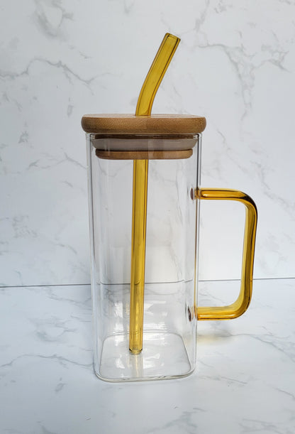 Glass tumbler with bamboo lid, glass straw and handle