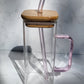 Glass tumbler with bamboo lid, glass straw and handle